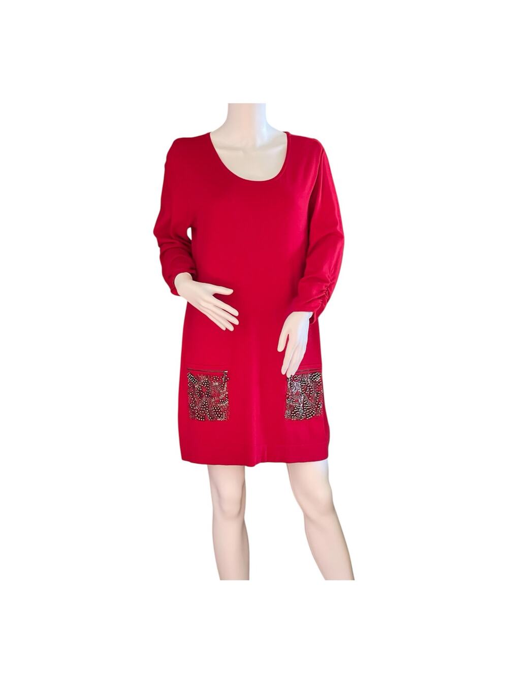 Alfani Red Knit Short Shirt Dress With Beads On Pockets Size Large